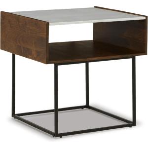 Signature Design by Ashley Rusitori Modern Rectangular End Table with White Marble Top, Light Brown Wood Finish