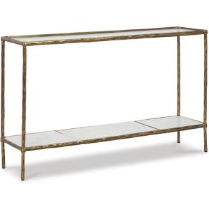 Signature Design by Ashley Ryandale Console Sofa Table, Glass Tabletop, White Marble Lower Shelf, Sand Casted Aluminum, 52″ W x 12.5″ D x 32.75″ H, Antique Brass Finish