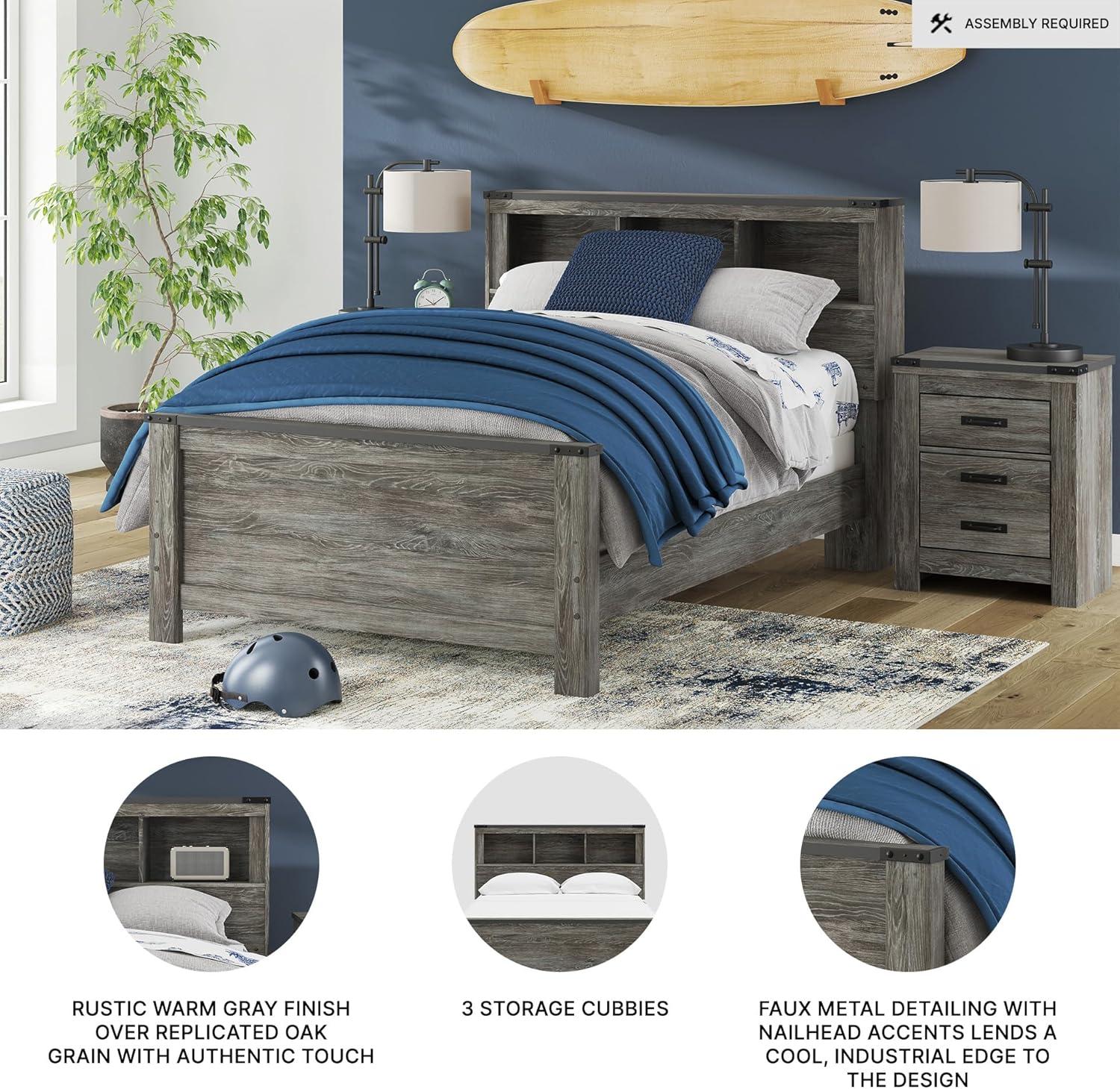 imageSignature Design by Ashley Frandern Industrial Panel Bed with Nailhead Accents Foundation or Box Spring Needed Twin GrayFull Bookcase Panel Bed