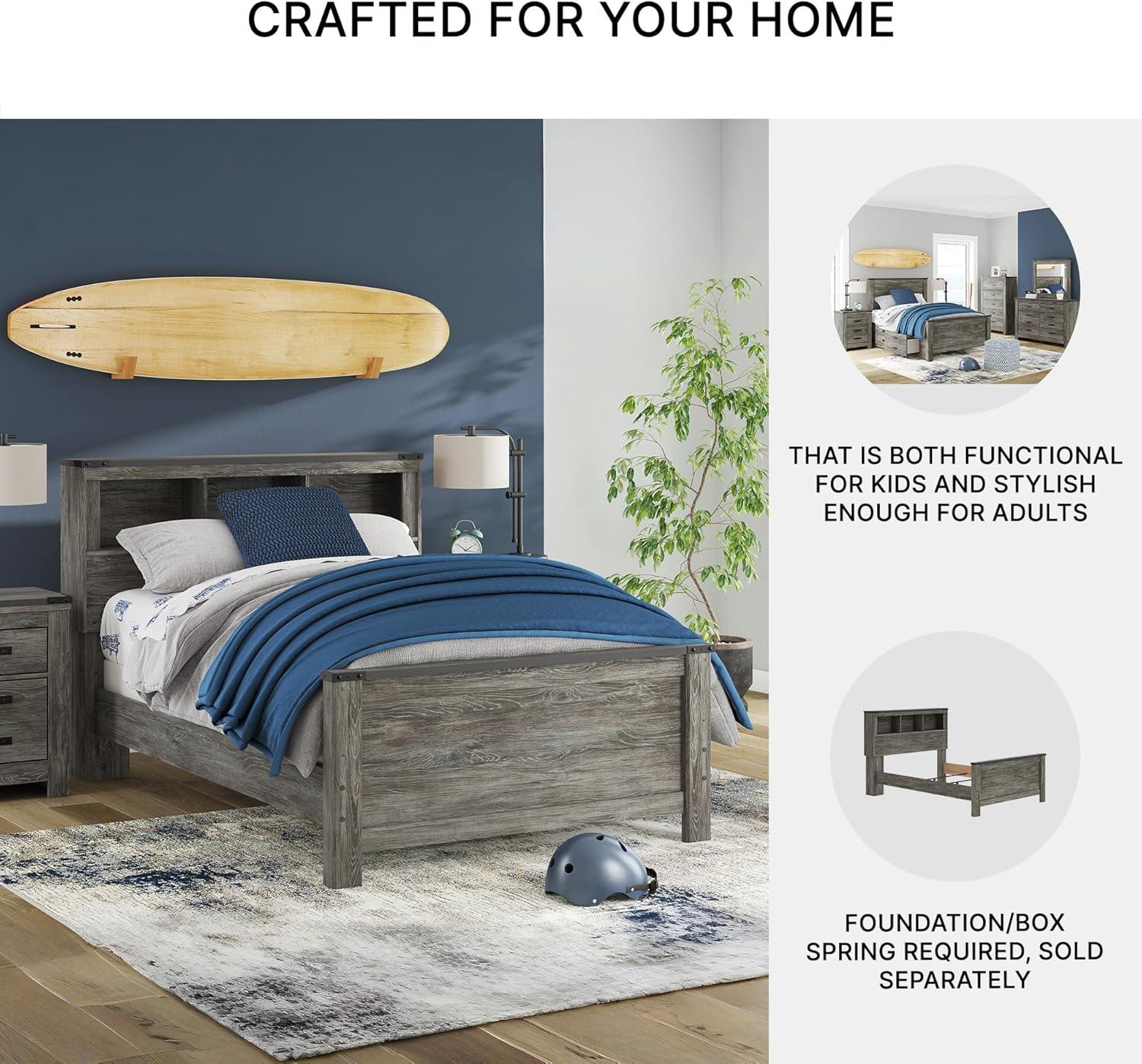 imageSignature Design by Ashley Frandern Industrial Panel Bed with Nailhead Accents Foundation or Box Spring Needed Twin GrayFull Bookcase Panel Bed