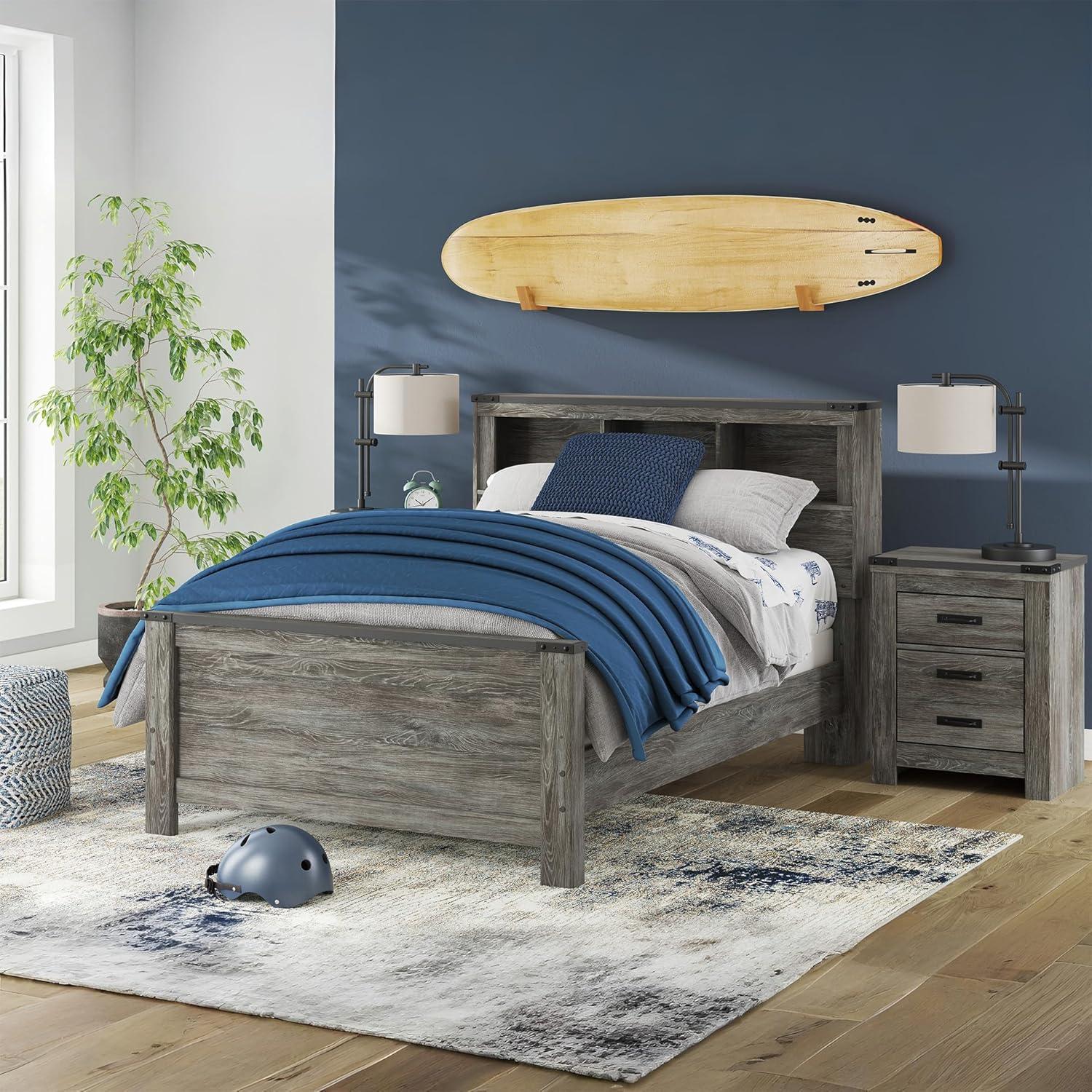 imageSignature Design by Ashley Frandern Industrial Panel Bed with Nailhead Accents Foundation or Box Spring Needed Twin GrayFull Bookcase Panel Bed