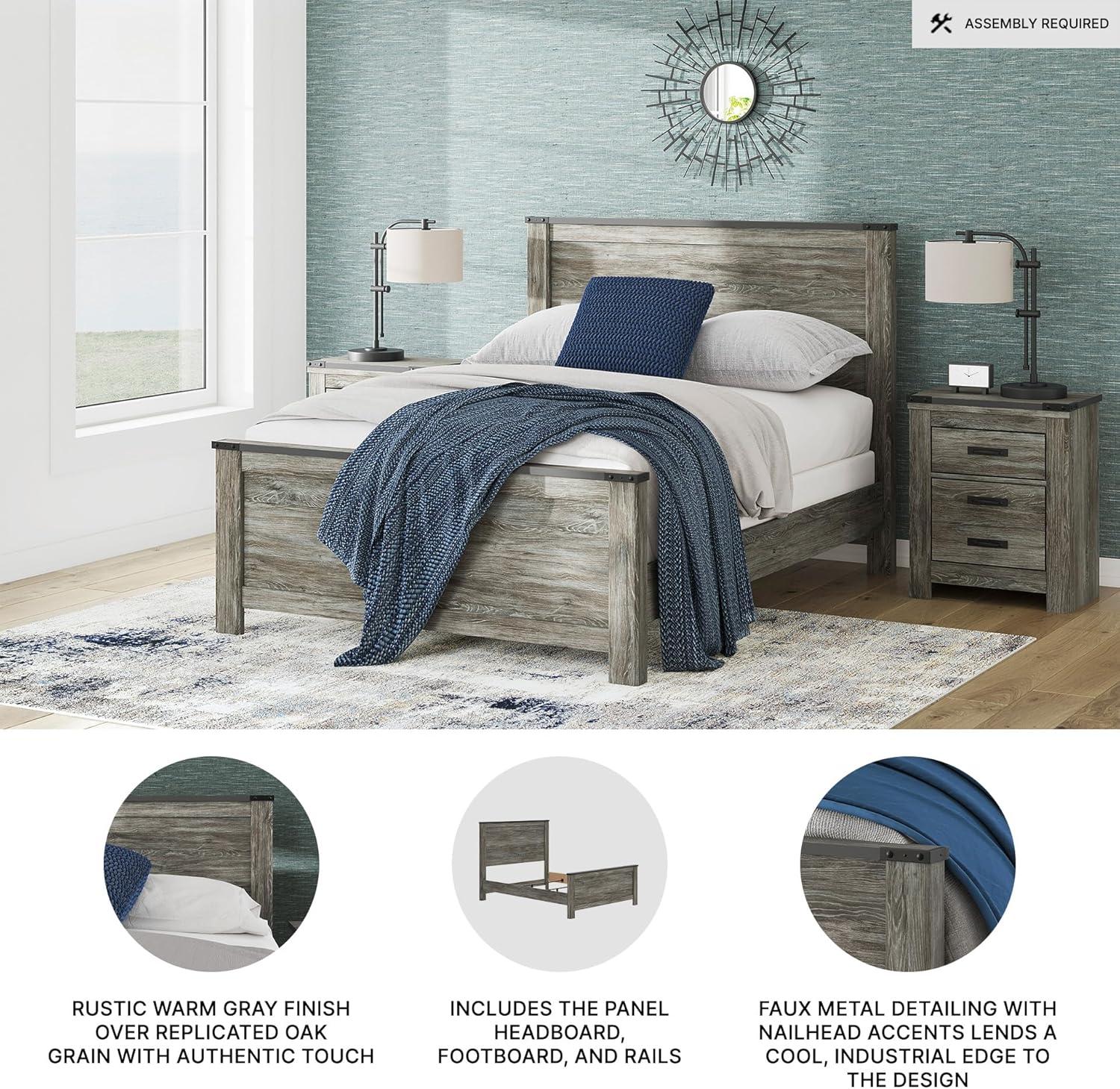 imageSignature Design by Ashley Frandern Industrial Panel Bed with Nailhead Accents Foundation or Box Spring Needed Twin GrayQueen Panel Bed