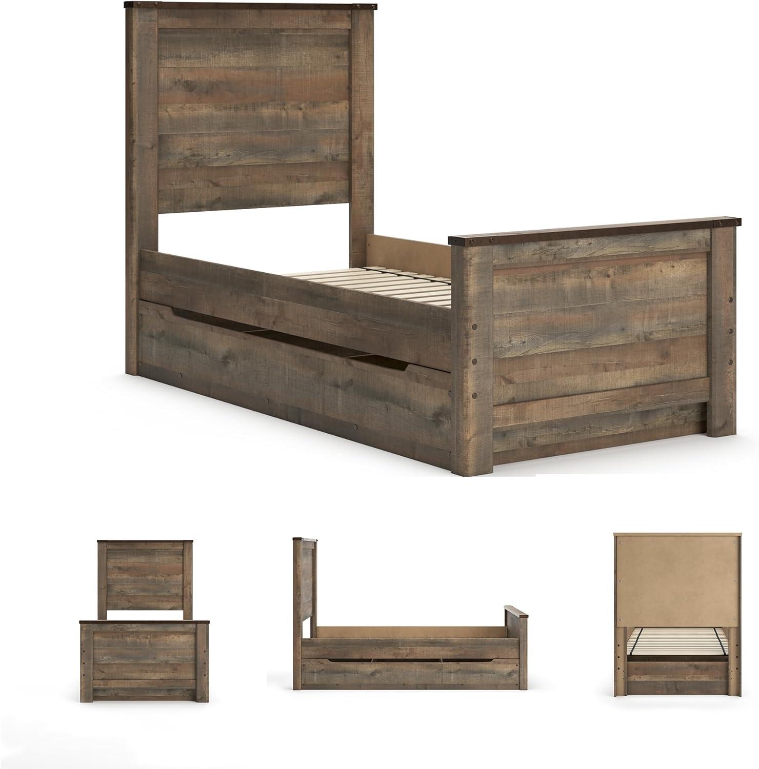imageSignature Design by Ashley Trinell Casual Full Bookcase Platform Bed with 2 Storage Drawers and Nailheads Foundation or Box Spring Not Needed Dark BrownTwin Panel Bed with 1 Large Storage Drawer