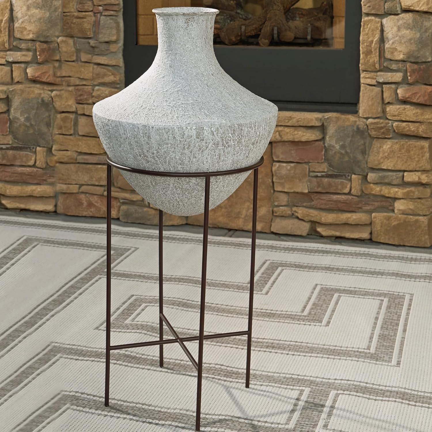 imageSignature Design by Ashley Estonbank Casual Indoor Distressed Metal Floor Vase with Stand White amp BlackLarge