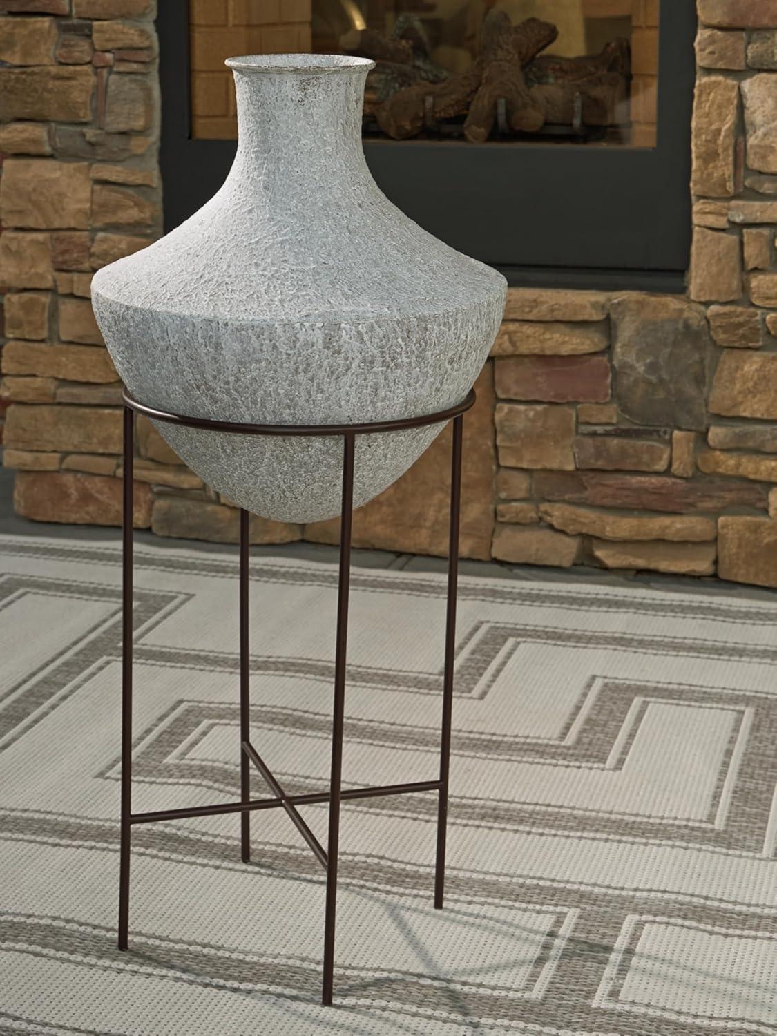 imageSignature Design by Ashley Estonbank Casual Indoor Distressed Metal Floor Vase with Stand White amp BlackLarge