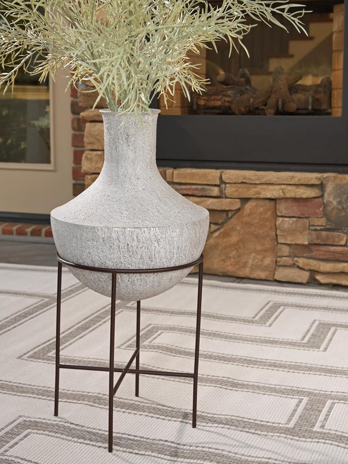 imageSignature Design by Ashley Estonbank Casual Indoor Distressed Metal Floor Vase with Stand White amp BlackMedium