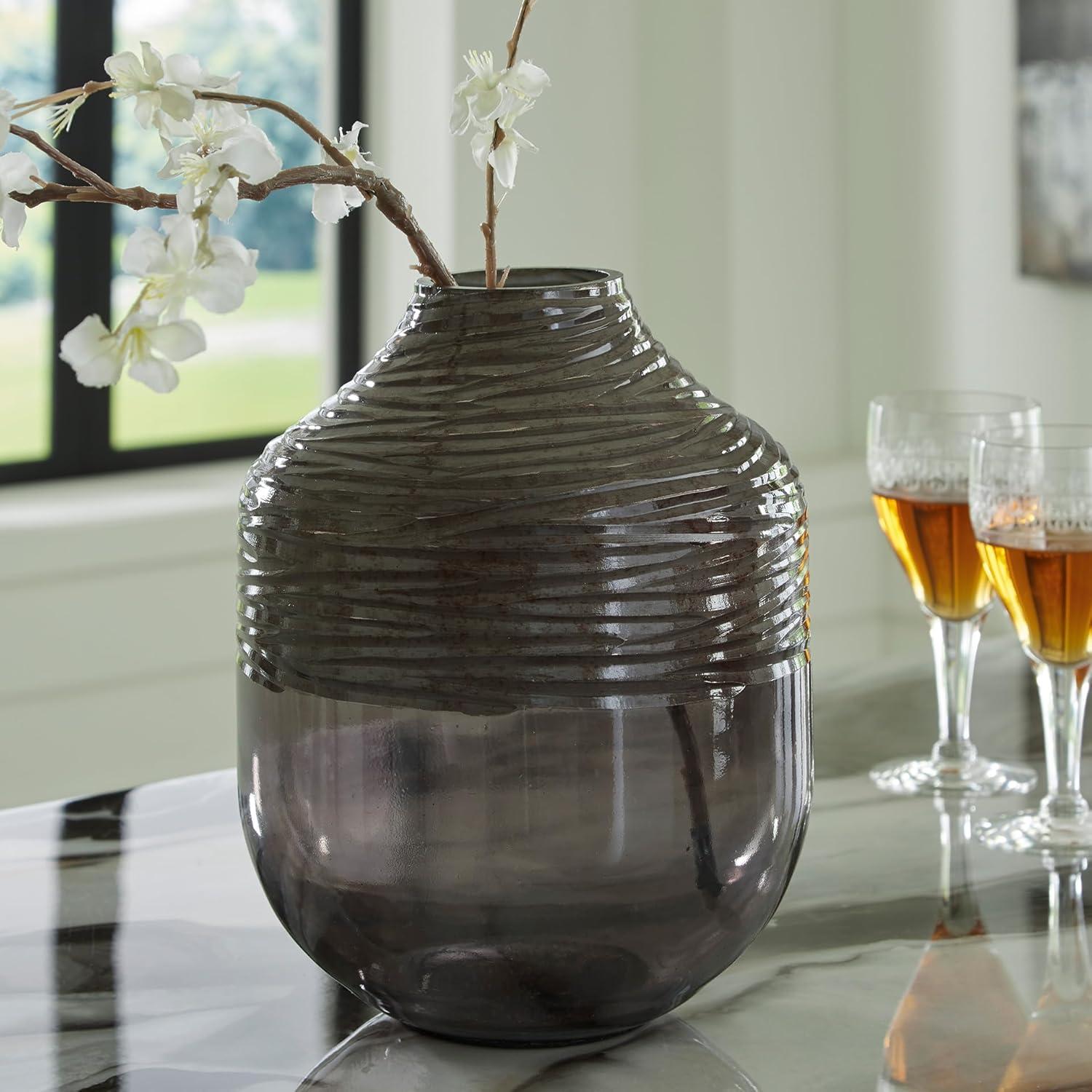 imageSignature Design by Ashley Harpwick Modern Indoor Glass Vase with HandCarved Top GrayMedium