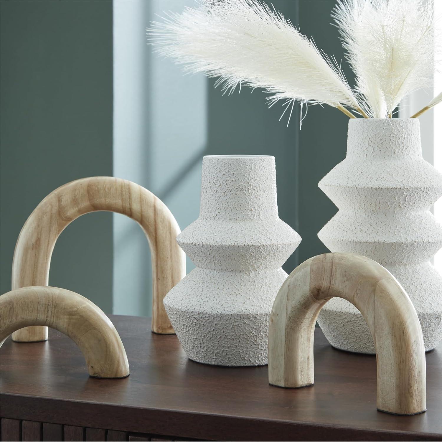 imageSignature Design by Ashley Maddwarth Minimalist Indoor Distressed Metal Vase and Wood Sculpture Accessory Set with Wide Mouth Set of 5 White amp Light Brown