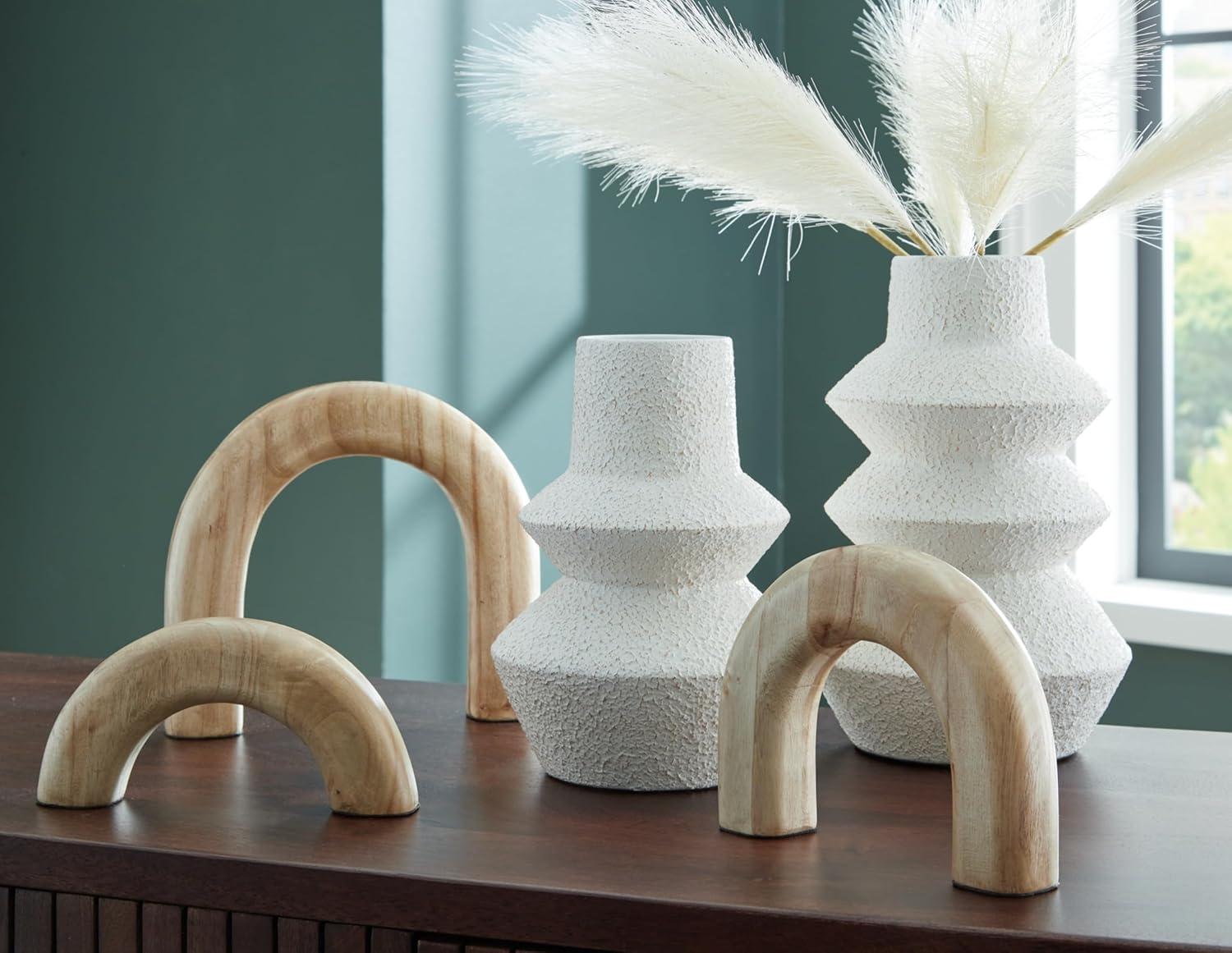 imageSignature Design by Ashley Maddwarth Minimalist Indoor Distressed Metal Vase and Wood Sculpture Accessory Set with Wide Mouth Set of 5 White amp Light Brown