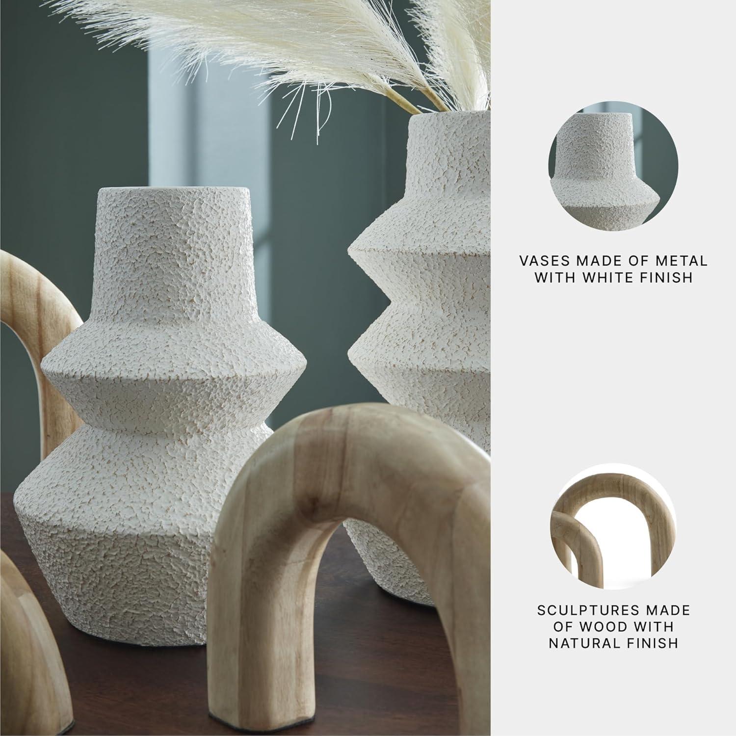 imageSignature Design by Ashley Maddwarth Minimalist Indoor Distressed Metal Vase and Wood Sculpture Accessory Set with Wide Mouth Set of 5 White amp Light Brown