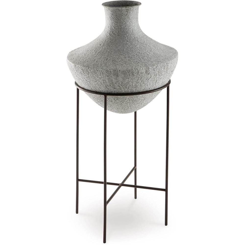 imageSignature Design by Ashley Estonbank Casual Indoor Distressed Metal Floor Vase with Stand White amp BlackLarge