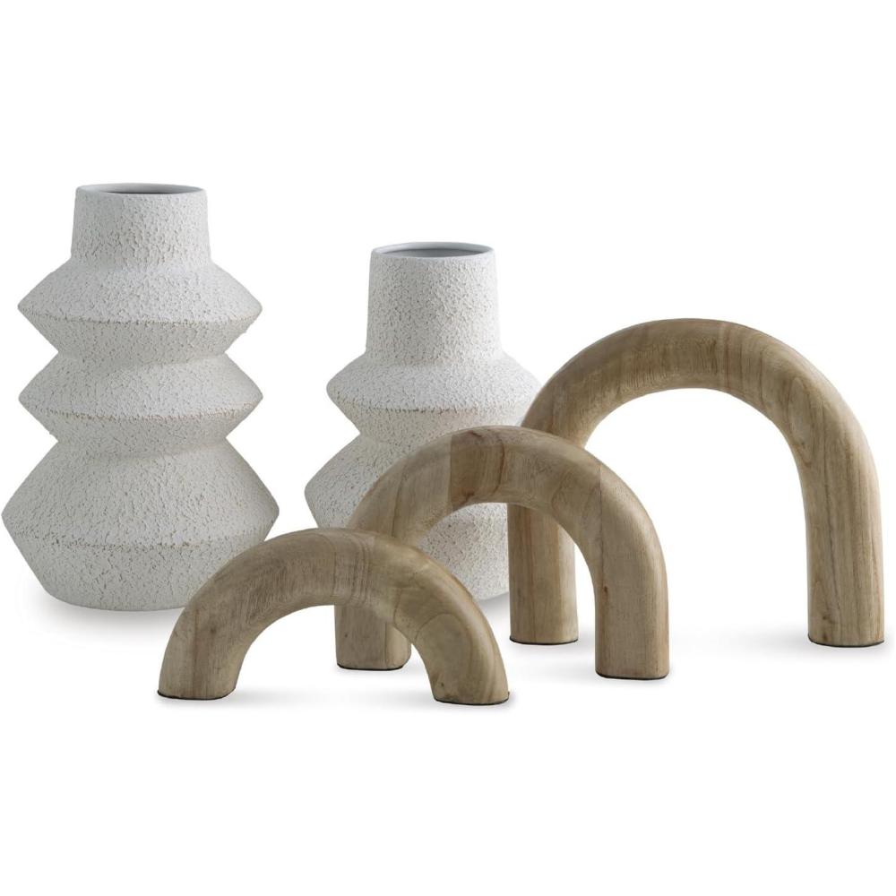 imageSignature Design by Ashley Maddwarth Minimalist Indoor Distressed Metal Vase and Wood Sculpture Accessory Set with Wide Mouth Set of 5 White amp Light Brown