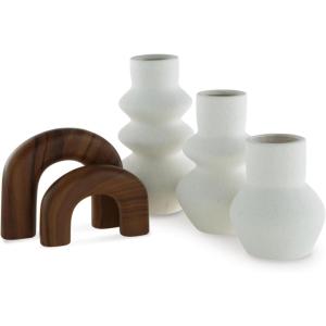 Signature Design by Ashley Carterworth Minimalist Indoor Ceramic Vase and Sculpture Accessory Set with Wide Mouth, Set of 5, White & Dark Brown