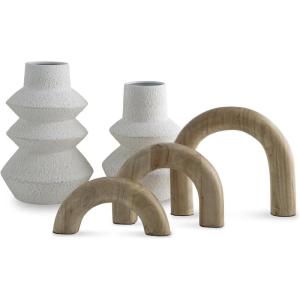 Signature Design by Ashley Maddwarth Minimalist Indoor Distressed Metal Vase and Wood Sculpture Accessory Set with Wide Mouth, Set of 5, White & Light Brown