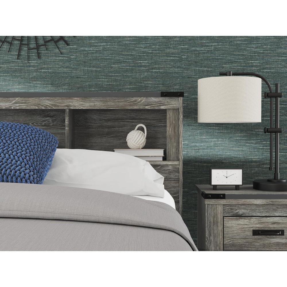 imageSignature Design by Ashley Frandern Rustic Oak Finished Bookcase Headboard with Nailhead Accents Queen Gray