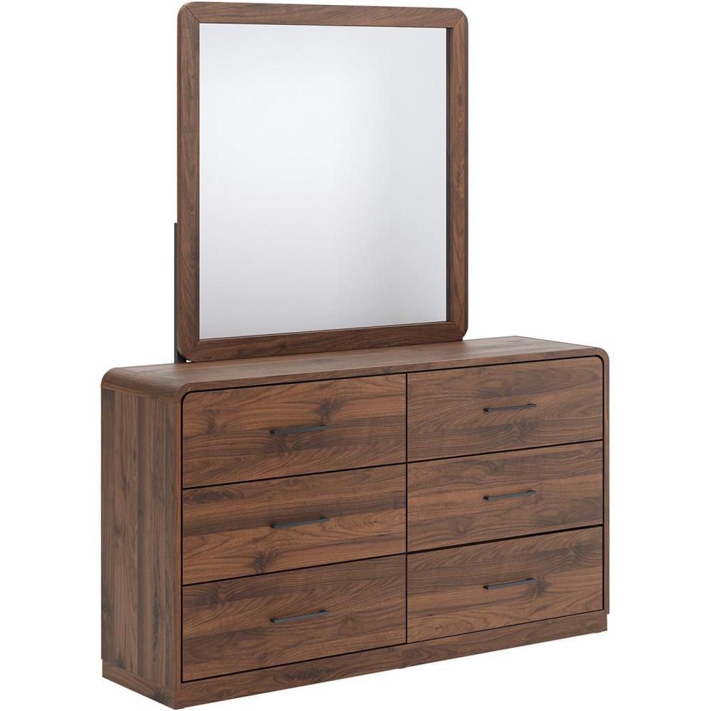 imageSignature Design by Ashley Hollinaze Contemporary Panel Platform Bed with LED Lighting Foundation or Box Spring Not Needed King Dark BrownDresser and Mirror