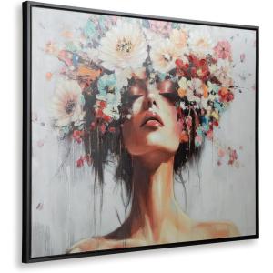 Signature Design by Ashley Shadwick Contemporary Floral Woman Portrait Framed Wall Art, 50 x 40 Inches, White & Beige