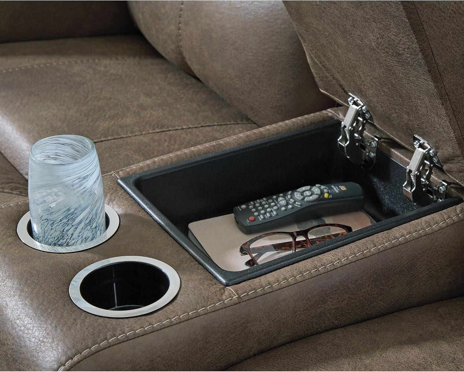 imageSignature Design by Ashley Bealeaf Contemporary Power Reclining Loveseat with Console Adjustable Headrest USB Charging Ports and Storage Dark Brown