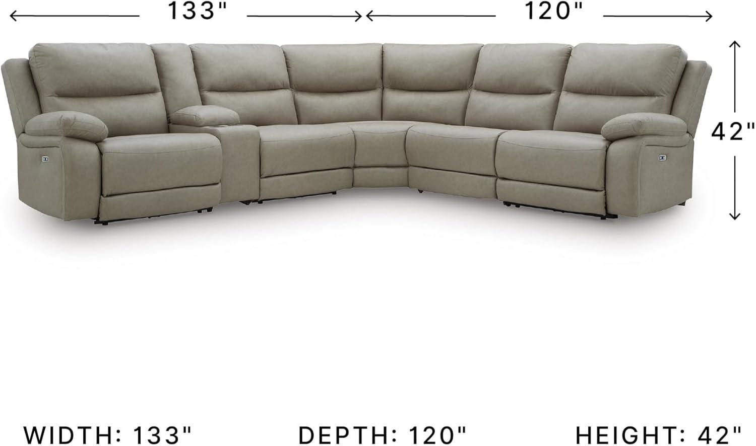 imageSignature Design by Ashley Brannigan LShape Symmetrical Contemporary Faux Leather 5Piece Power Reclining Sectional with USB Port and Adjustable Headrest Light Gray6Piece Reclining Sectional with Storage Console