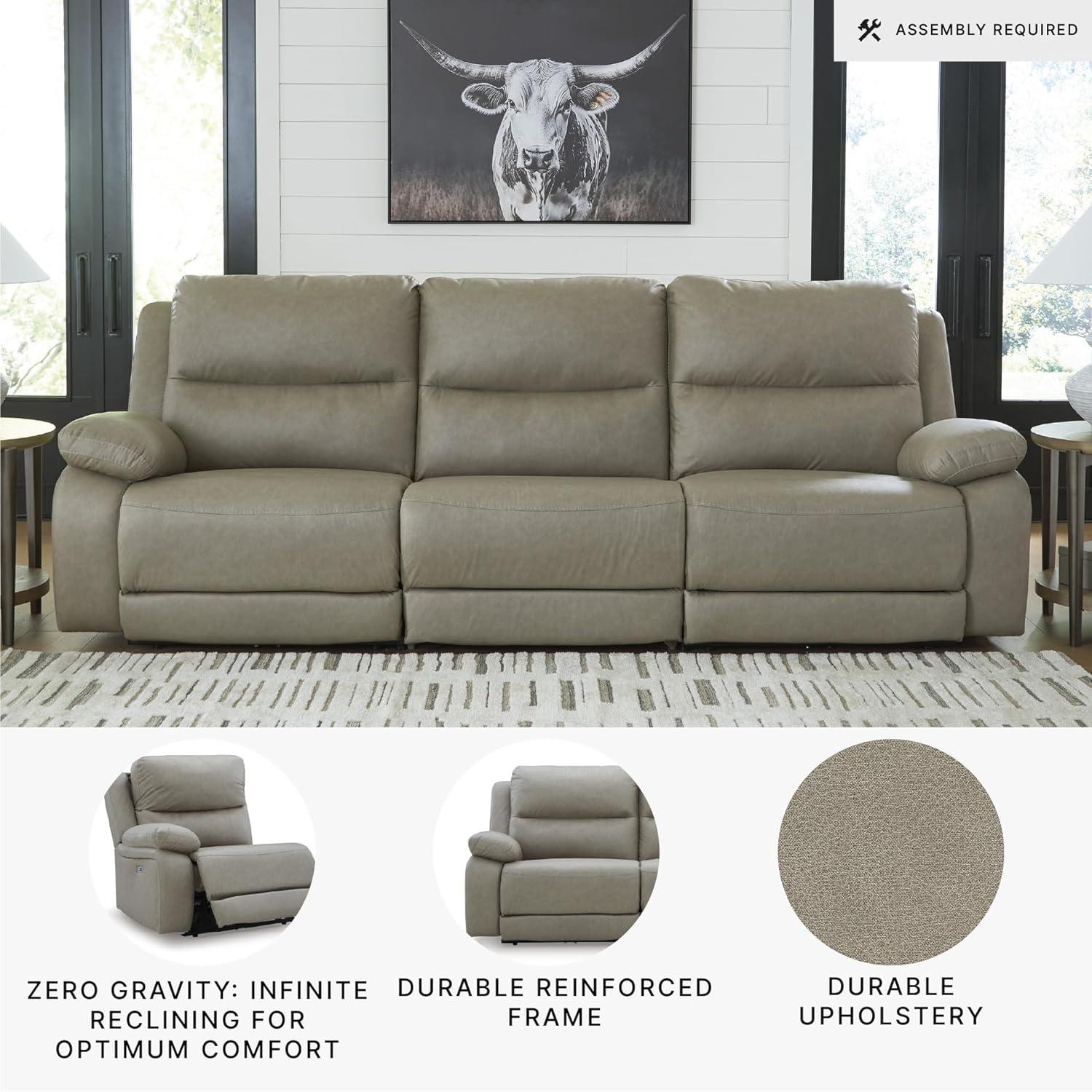 imageSignature Design by Ashley Brannigan LShape Symmetrical Contemporary Faux Leather 5Piece Power Reclining Sectional with USB Port and Adjustable Headrest Light Gray3Piece Power Reclining Sectional