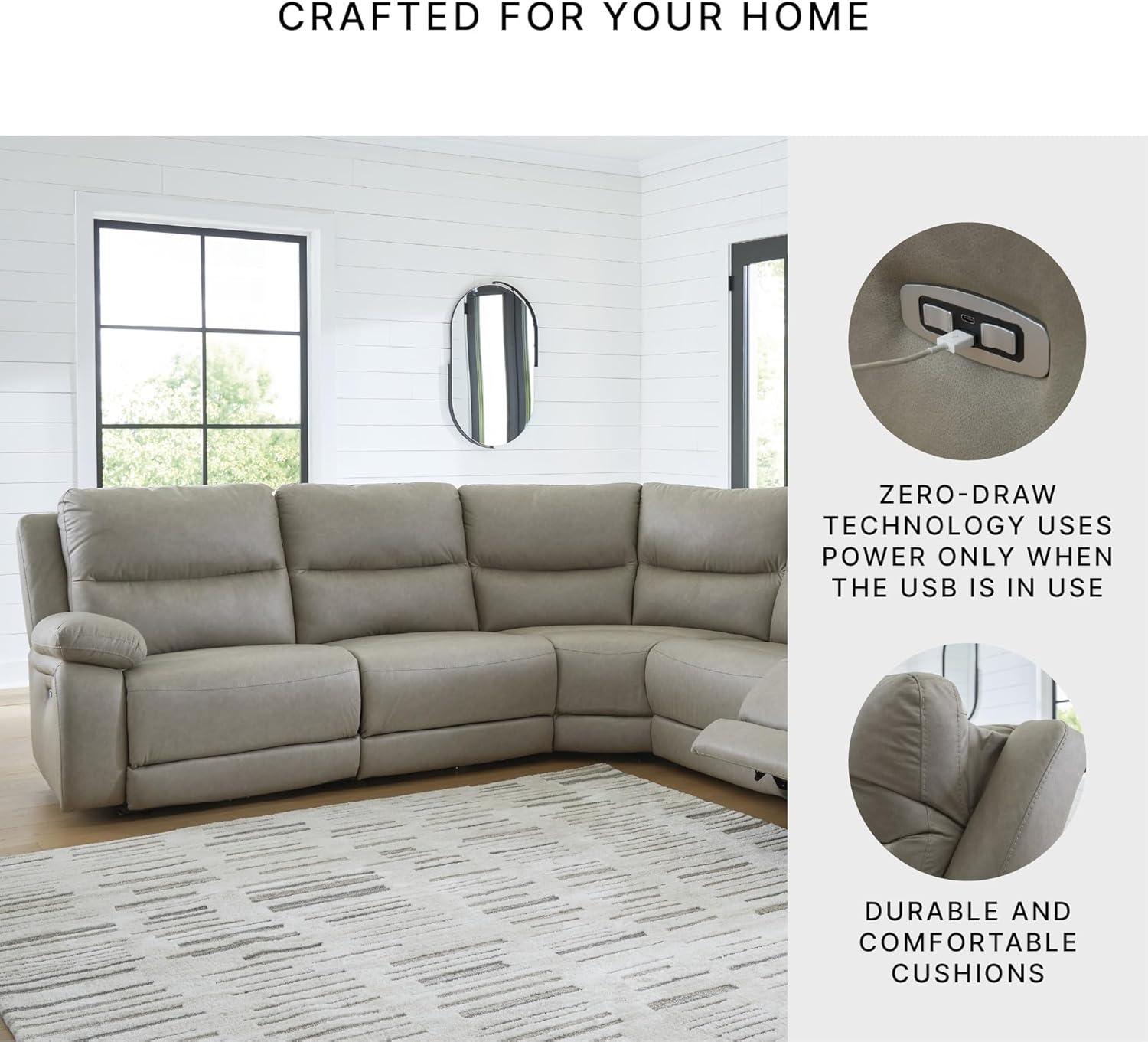 imageSignature Design by Ashley Brannigan LShape Symmetrical Contemporary Faux Leather 5Piece Power Reclining Sectional with USB Port and Adjustable Headrest Light Gray5Piece Power Reclining Sectional