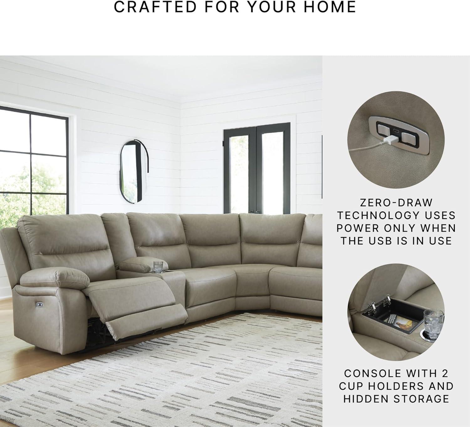 imageSignature Design by Ashley Brannigan LShape Symmetrical Contemporary Faux Leather 5Piece Power Reclining Sectional with USB Port and Adjustable Headrest Light Gray6Piece Reclining Sectional with Storage Console