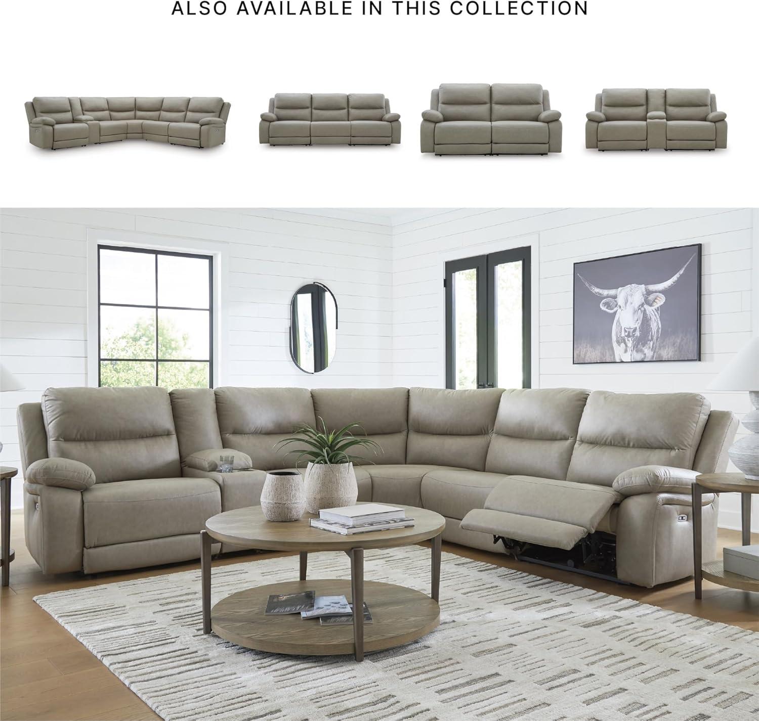 imageSignature Design by Ashley Brannigan LShape Symmetrical Contemporary Faux Leather 5Piece Power Reclining Sectional with USB Port and Adjustable Headrest Light Gray3Piece Power Reclining Sectional