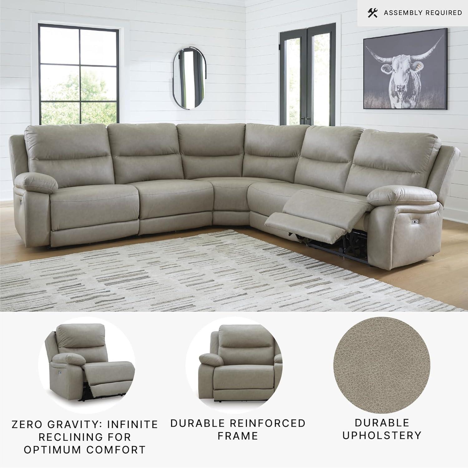 imageSignature Design by Ashley Brannigan LShape Symmetrical Contemporary Faux Leather 5Piece Power Reclining Sectional with USB Port and Adjustable Headrest Light Gray5Piece Power Reclining Sectional