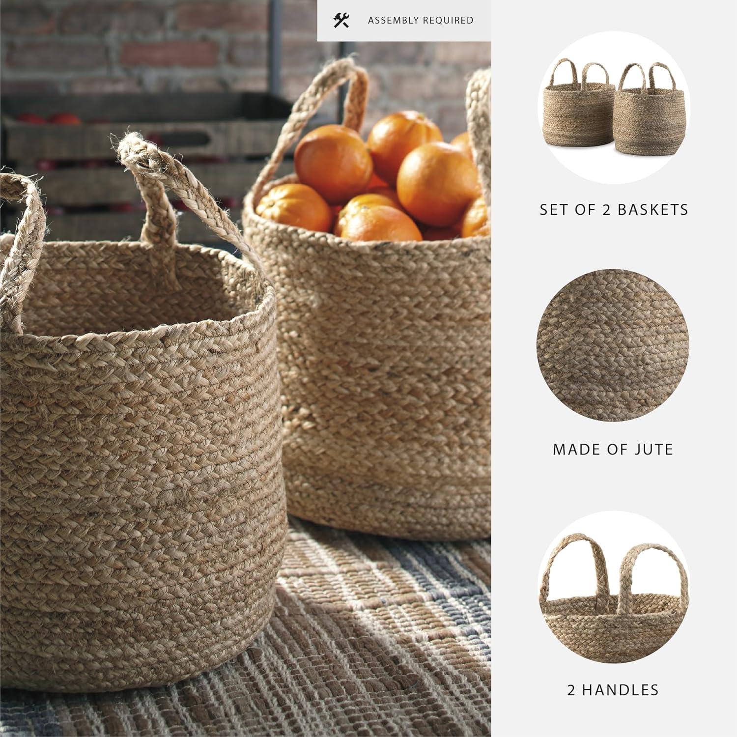 imageSignature Design by Ashley Brayton Jute 2 Piece Braided Basket Set With Handles Large Basket 14 W x 14 D x 11 H Medium Basket 12 W x 12 D x 10 H Light BrownNatural