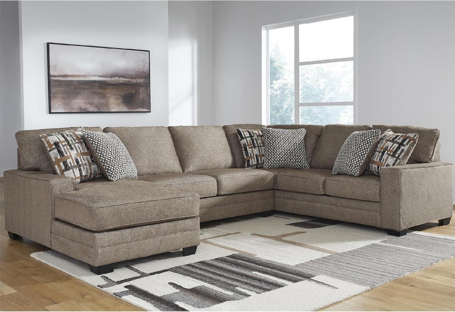 imageSignature Design by Ashley Cannonbrook Transitional UShaped RightArm Facing 3Piece Sectional with Chaise Loose Seat Cushions and 6 Accent Pillows Dark BrownLeft Hand Facing