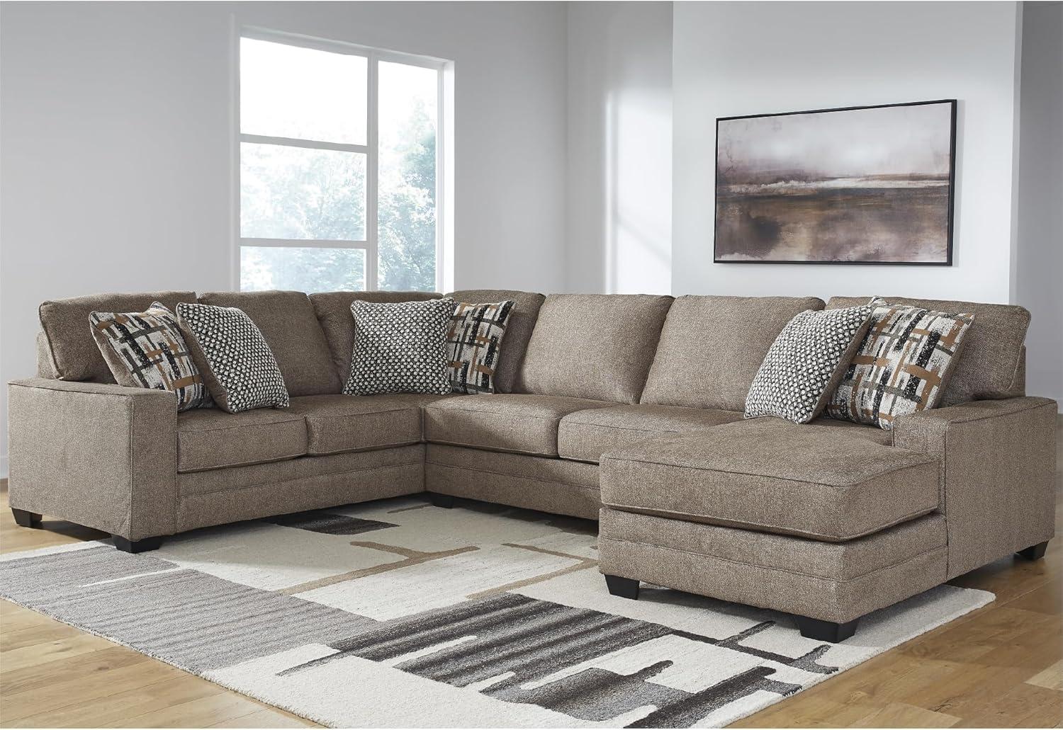 imageSignature Design by Ashley Cannonbrook Transitional UShaped RightArm Facing 3Piece Sectional with Chaise Loose Seat Cushions and 6 Accent Pillows Dark BrownRight Hand Facing