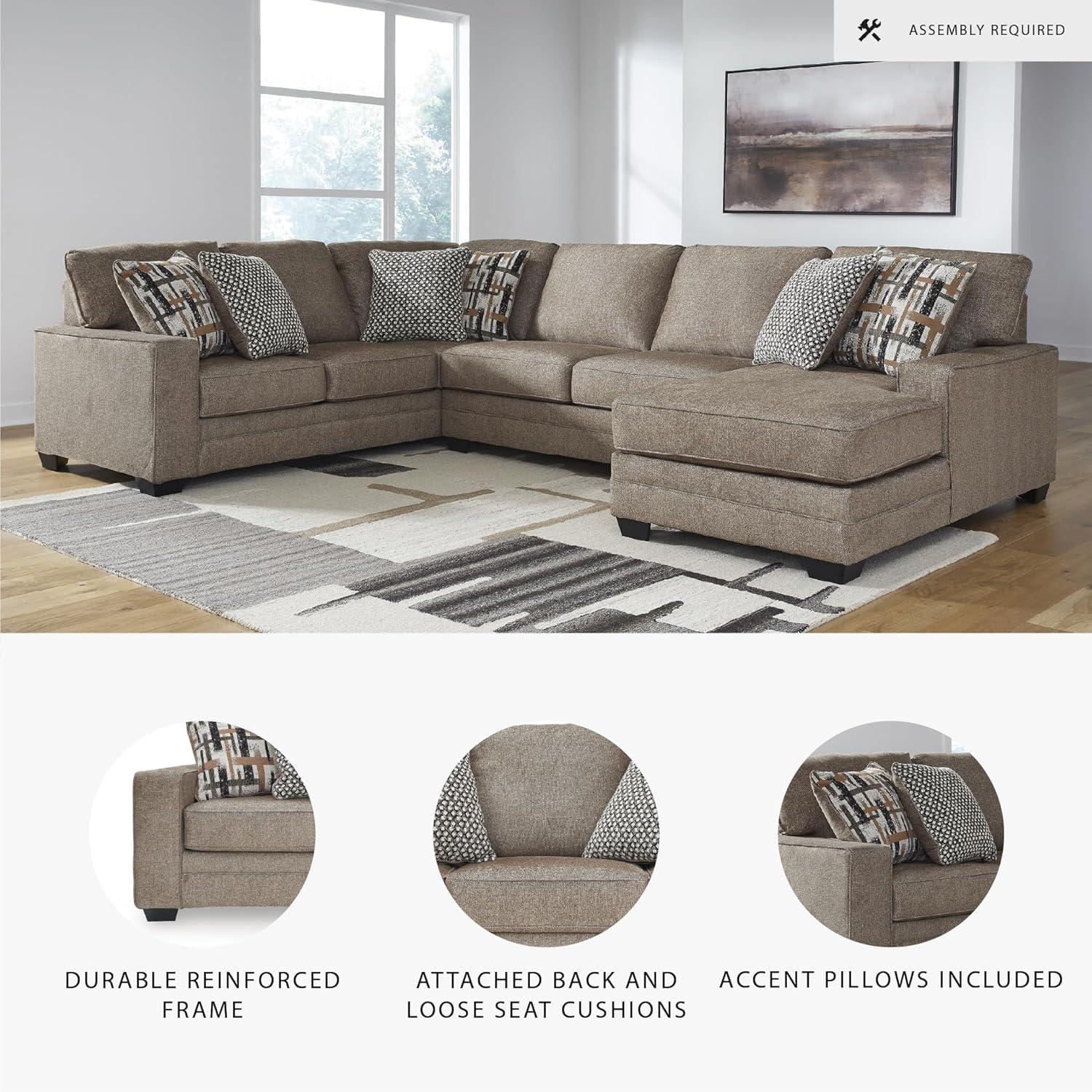 imageSignature Design by Ashley Cannonbrook Transitional UShaped RightArm Facing 3Piece Sectional with Chaise Loose Seat Cushions and 6 Accent Pillows Dark BrownRight Hand Facing