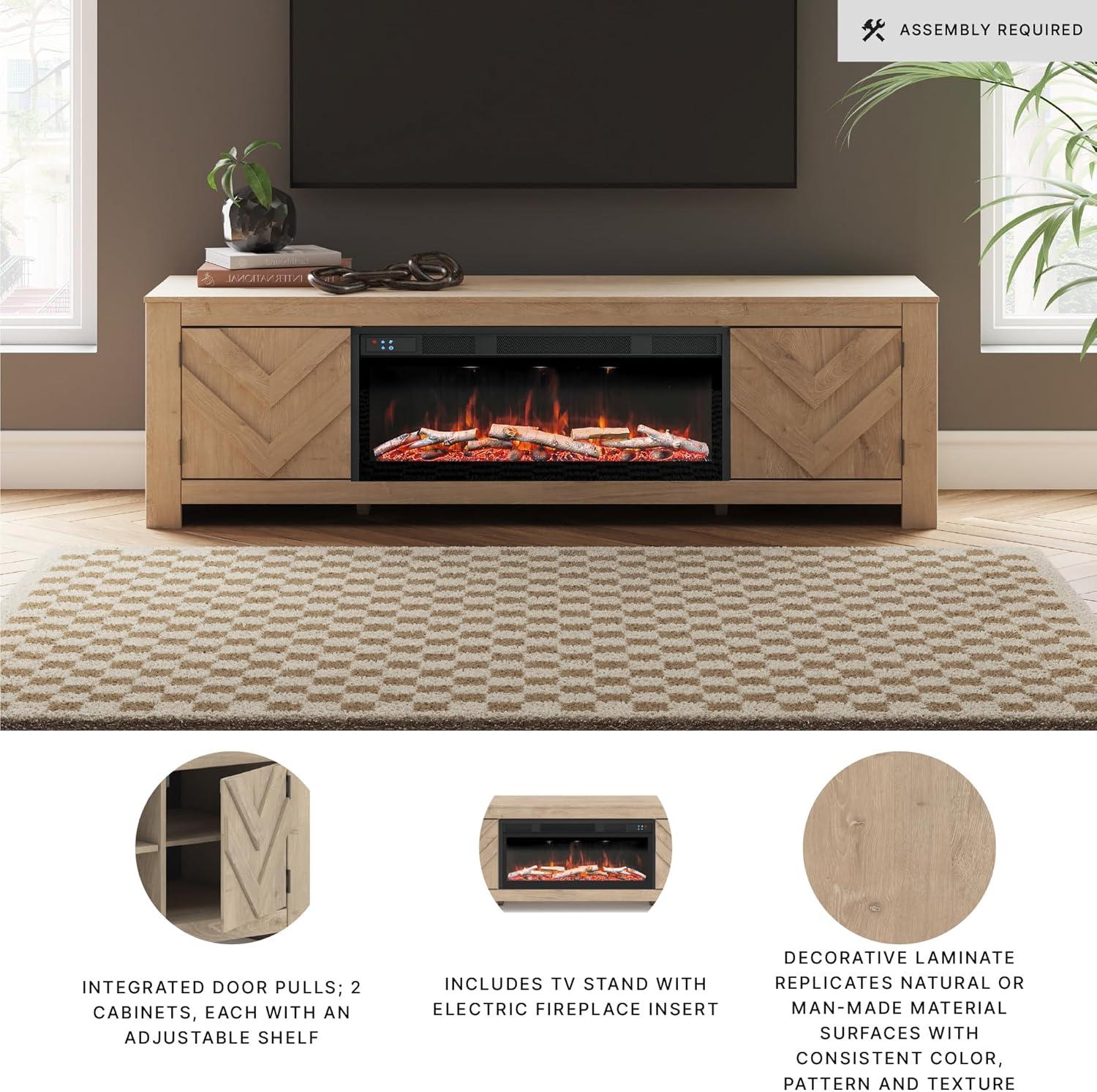 imageSignature Design by Ashley Cayboni Casual 71 TV Stand with Electric Fireplace for TVs up to 81 WhitewashLight Brown