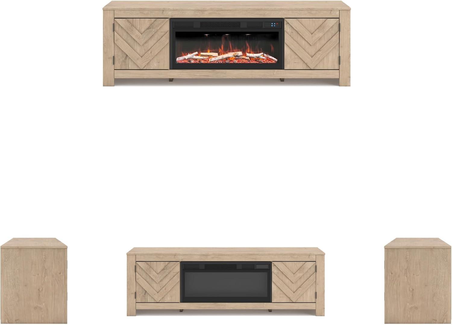 imageSignature Design by Ashley Cayboni Casual 71 TV Stand with Electric Fireplace for TVs up to 81 WhitewashLight Brown