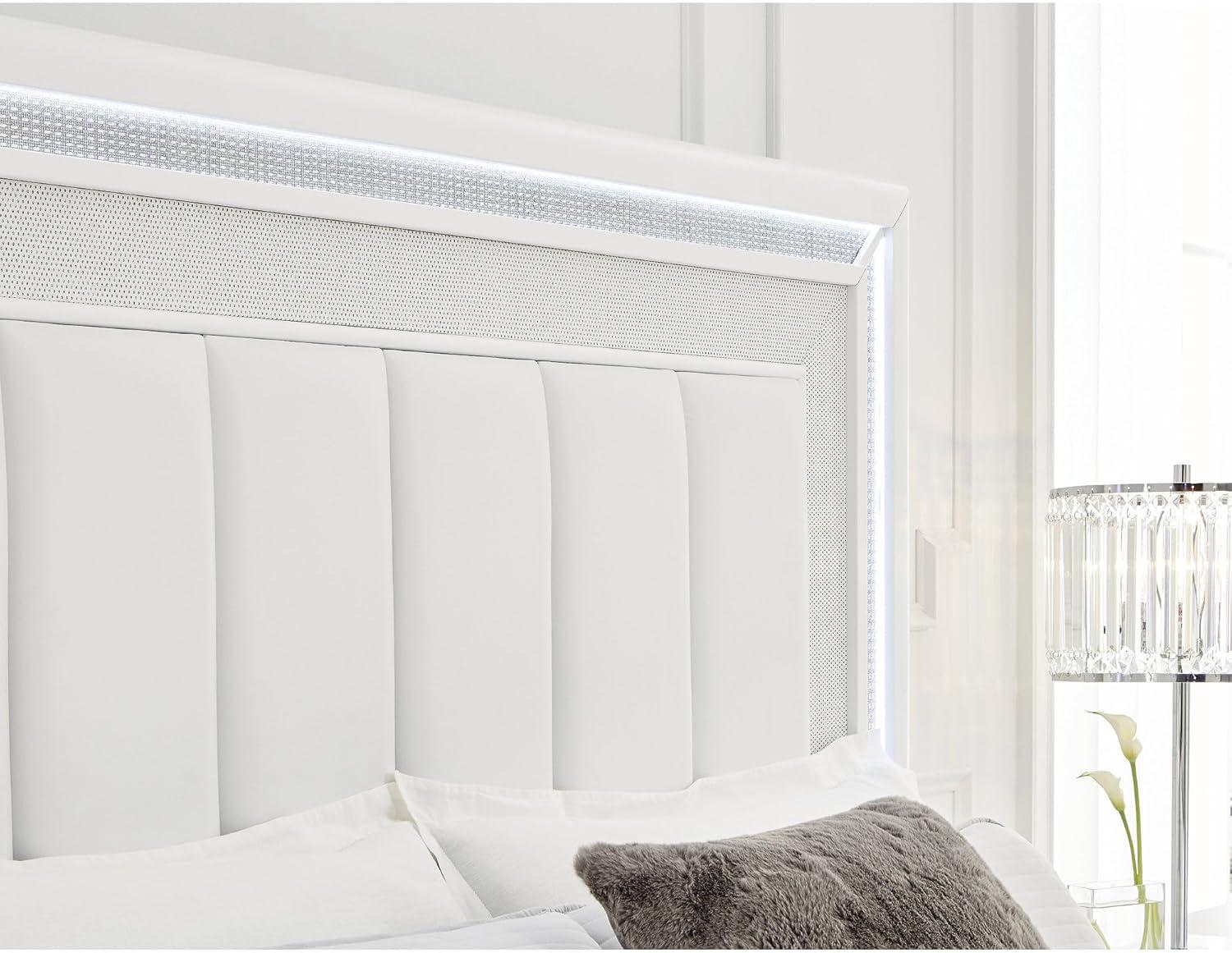 imageSignature Design by Ashley Chalanna Glam Faux Leather 2Drawer King Upholstered Storage Bed with LED Lighting Foundation or Box Spring Not Needed WhiteQueen Upholstered Storage Bed