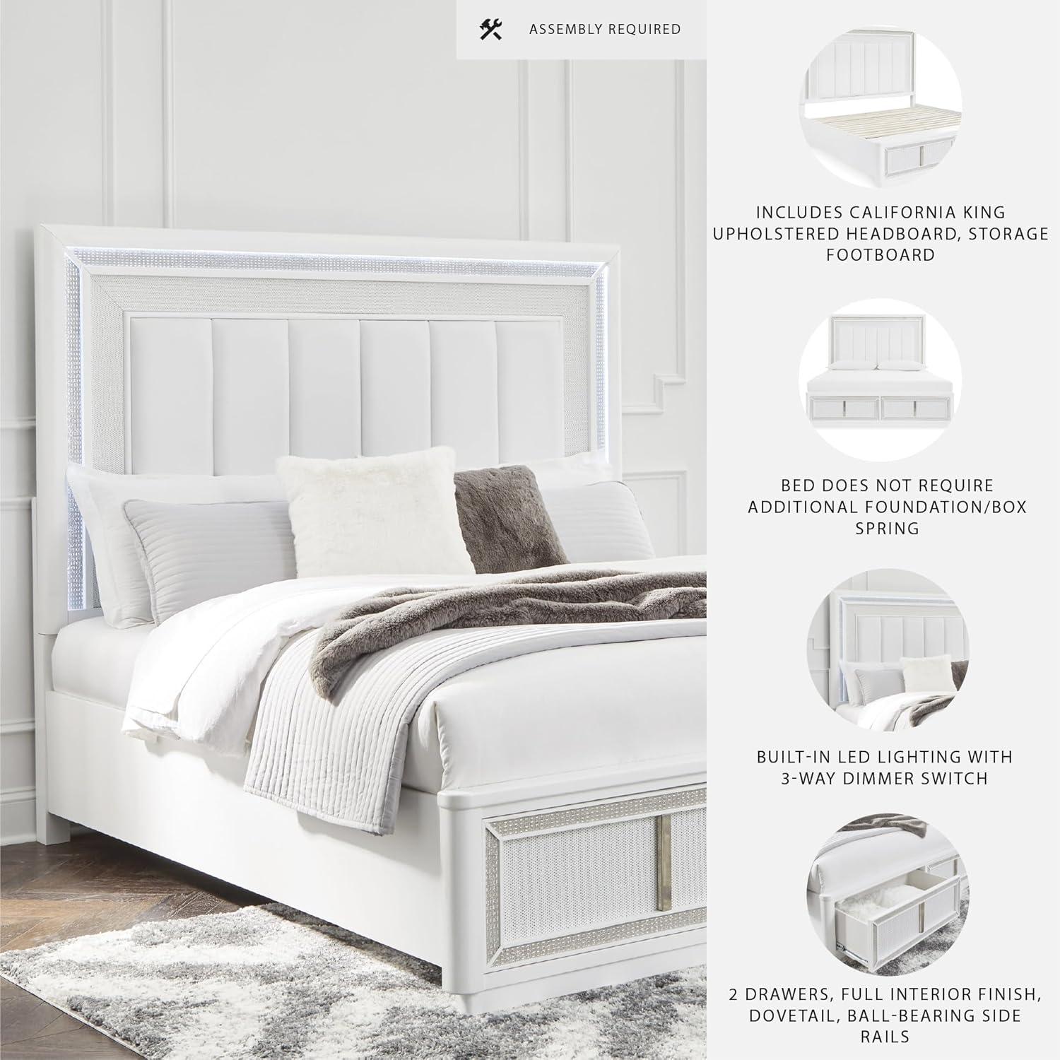 imageSignature Design by Ashley Chalanna Glam Faux Leather 2Drawer King Upholstered Storage Bed with LED Lighting Foundation or Box Spring Not Needed WhiteCalifornia King Upholstered Storage Bed