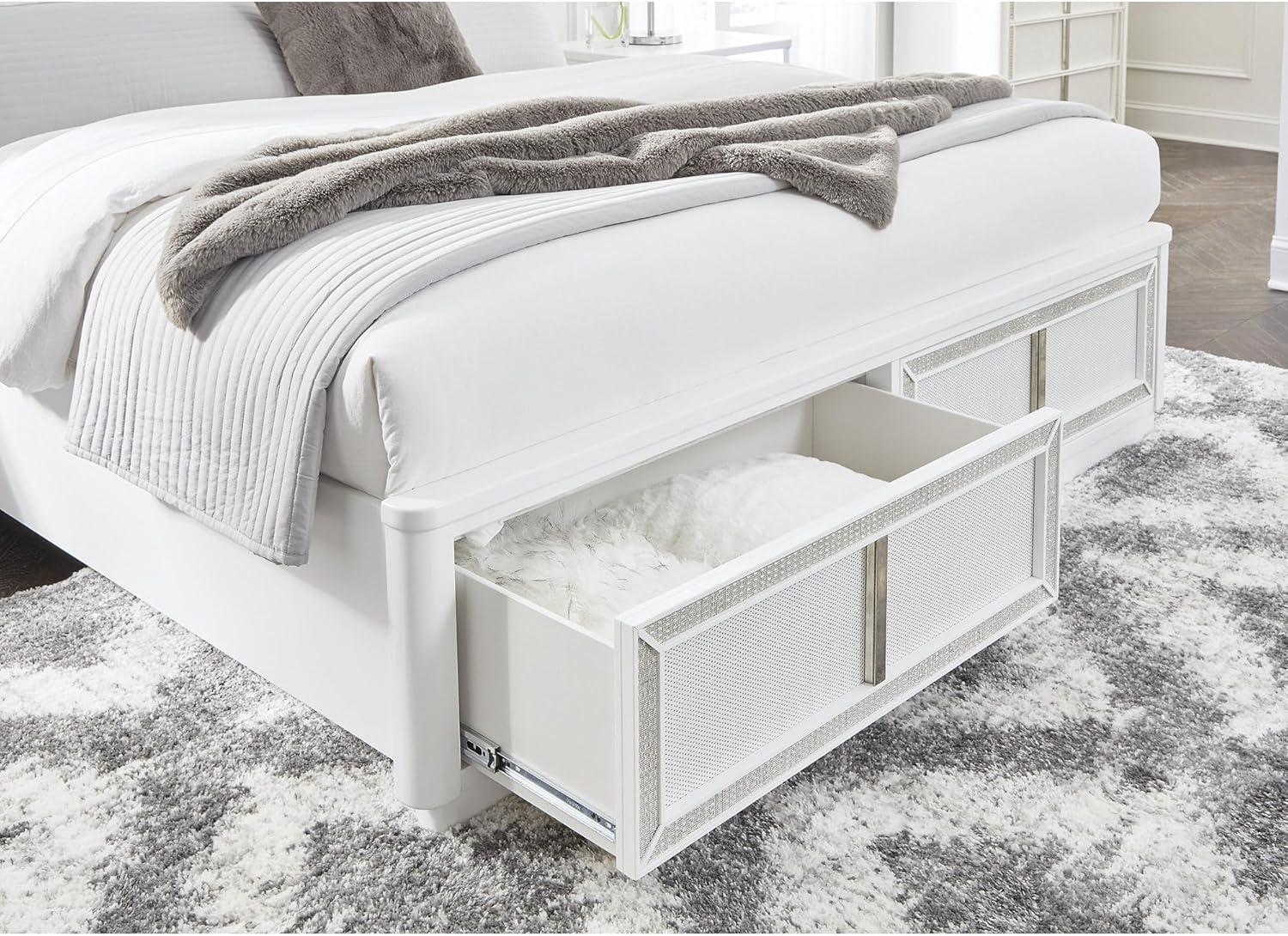 imageSignature Design by Ashley Chalanna Glam Faux Leather 2Drawer King Upholstered Storage Bed with LED Lighting Foundation or Box Spring Not Needed WhiteQueen Upholstered Storage Bed