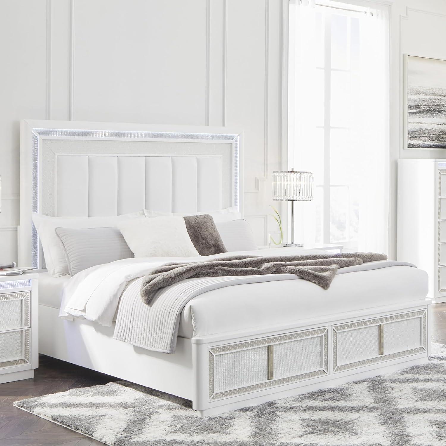 imageSignature Design by Ashley Chalanna Glam Faux Leather 2Drawer King Upholstered Storage Bed with LED Lighting Foundation or Box Spring Not Needed WhiteCalifornia King Upholstered Storage Bed