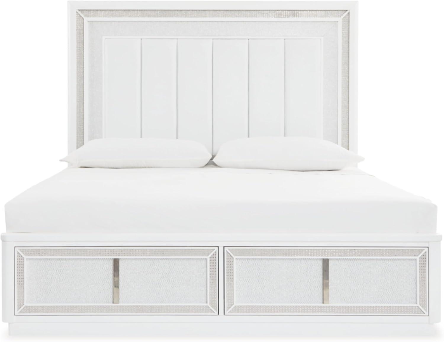 imageSignature Design by Ashley Chalanna Glam Faux Leather 2Drawer King Upholstered Storage Bed with LED Lighting Foundation or Box Spring Not Needed WhiteCalifornia King Upholstered Storage Bed