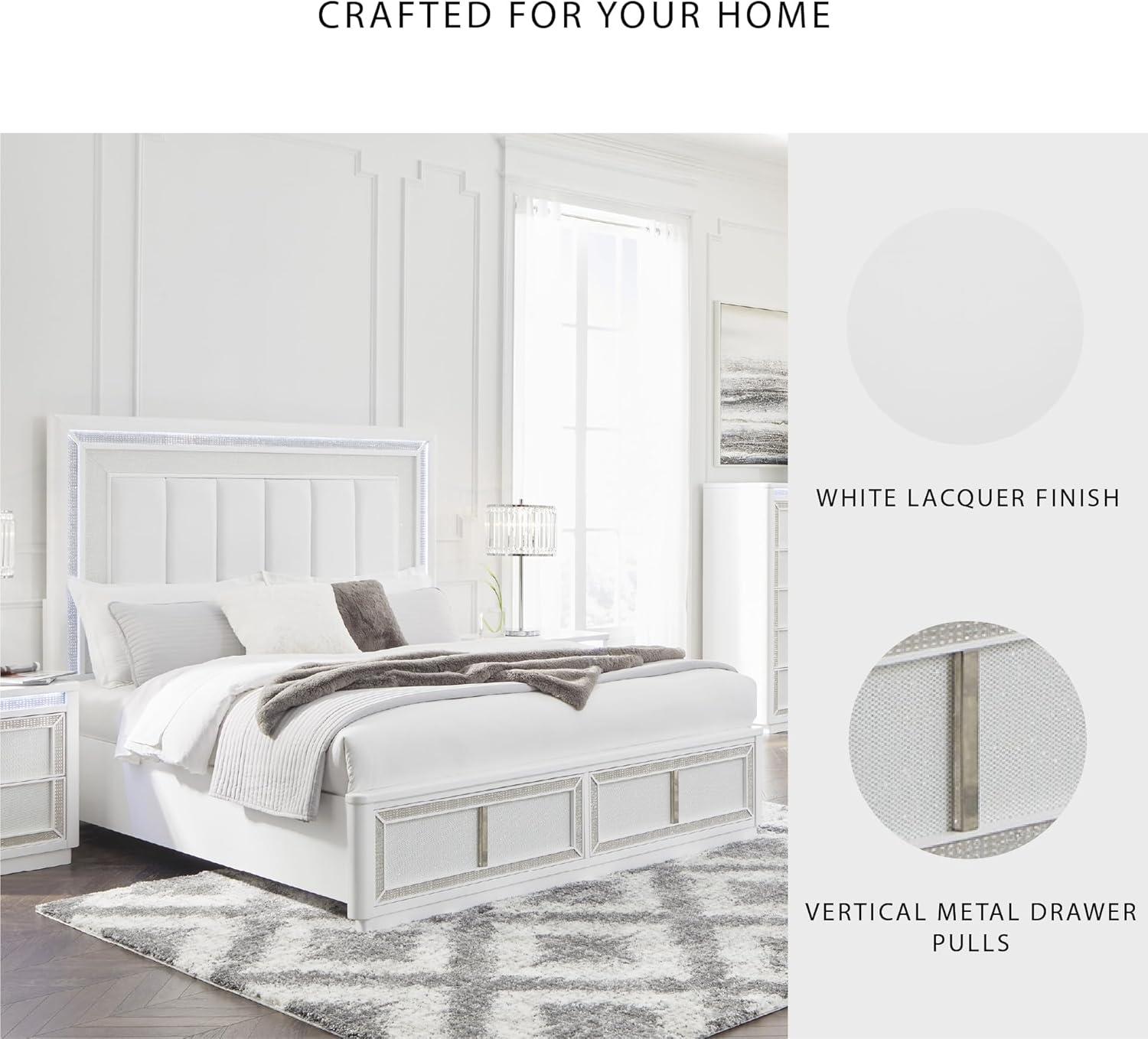imageSignature Design by Ashley Chalanna Glam Faux Leather 2Drawer King Upholstered Storage Bed with LED Lighting Foundation or Box Spring Not Needed WhiteCalifornia King Upholstered Storage Bed