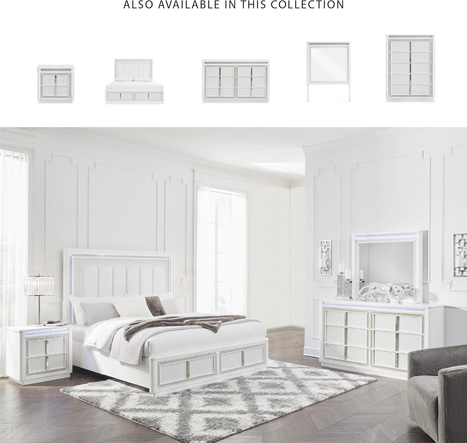 imageSignature Design by Ashley Chalanna Glam Faux Leather 2Drawer King Upholstered Storage Bed with LED Lighting Foundation or Box Spring Not Needed WhiteQueen Upholstered Storage Bed