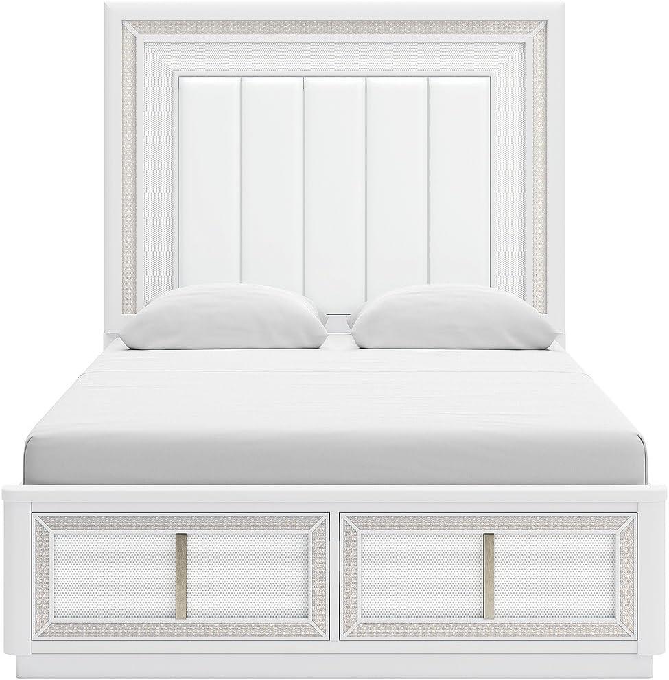 imageSignature Design by Ashley Chalanna Glam Faux Leather 2Drawer King Upholstered Storage Bed with LED Lighting Foundation or Box Spring Not Needed WhiteQueen Upholstered Storage Bed