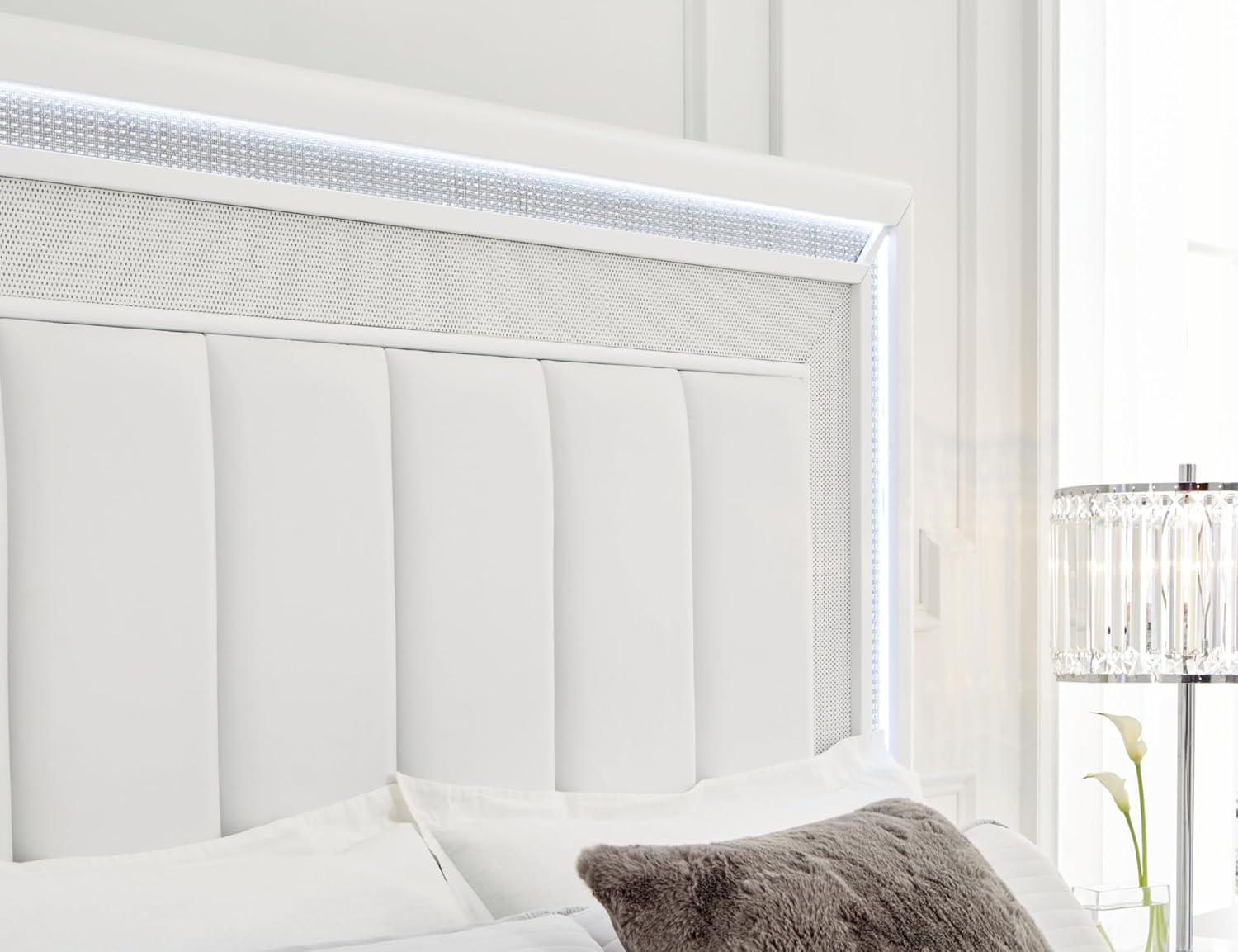 imageSignature Design by Ashley Chalanna Glam Faux Leather 2Drawer King Upholstered Storage Bed with LED Lighting Foundation or Box Spring Not Needed WhiteCalifornia King Upholstered Storage Bed