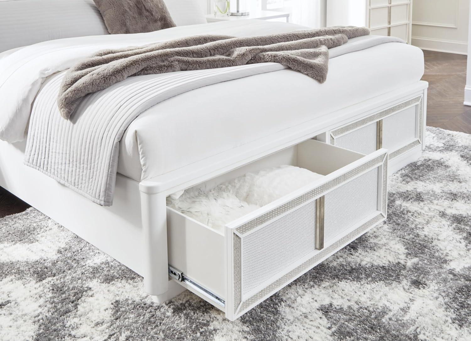 imageSignature Design by Ashley Chalanna Glam Faux Leather 2Drawer King Upholstered Storage Bed with LED Lighting Foundation or Box Spring Not Needed WhiteCalifornia King Upholstered Storage Bed