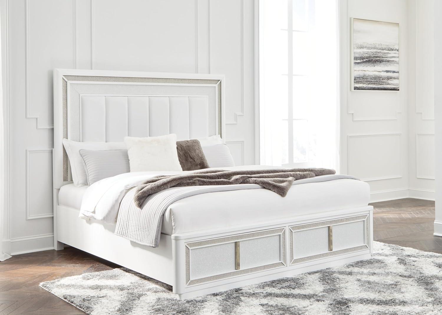 imageSignature Design by Ashley Chalanna Glam Faux Leather 2Drawer King Upholstered Storage Bed with LED Lighting Foundation or Box Spring Not Needed WhiteCalifornia King Upholstered Storage Bed