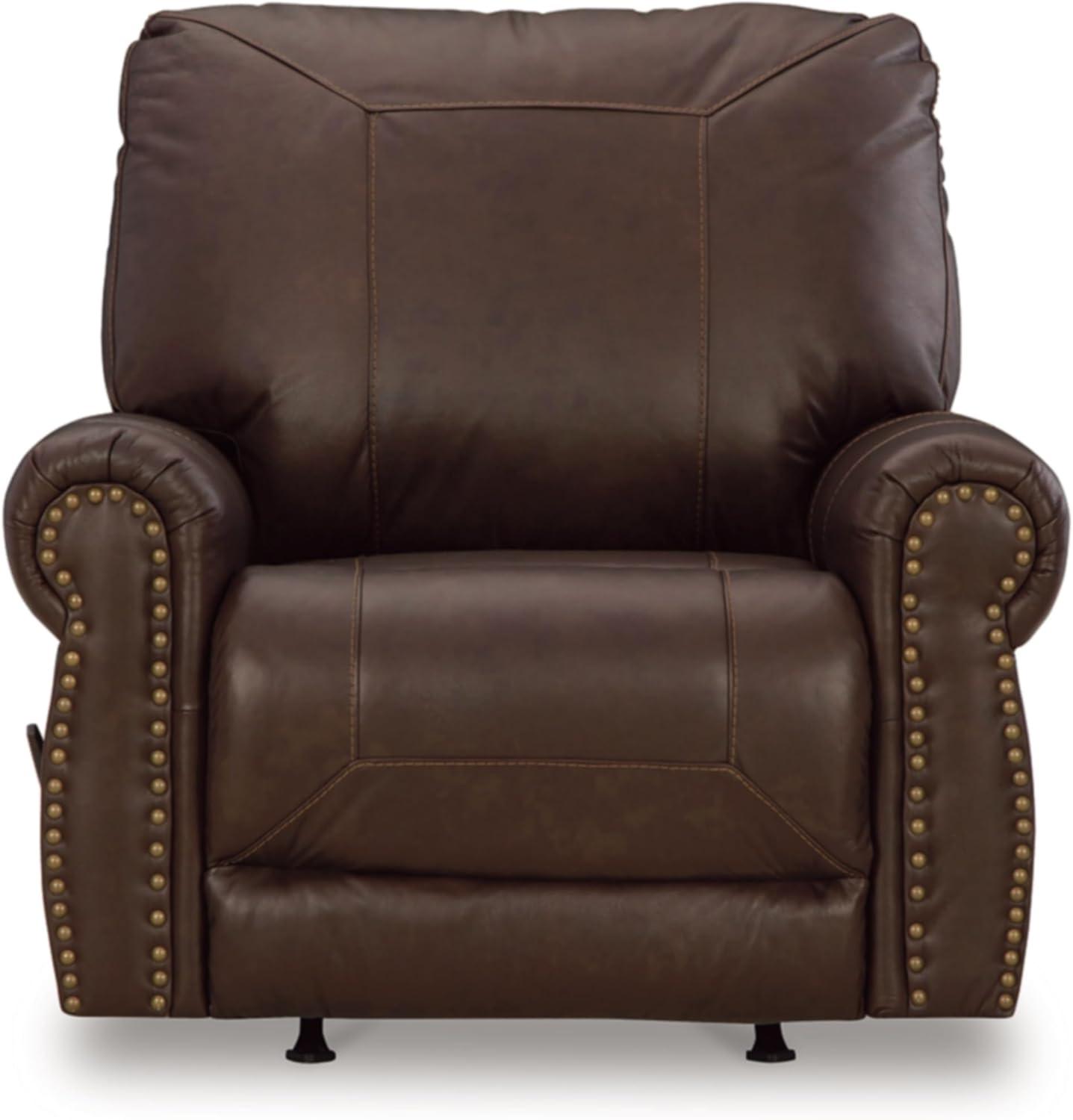 imageSignature Design by Ashley Colleton Classic Leather Match Upholstered Manual Recliner with Nailheads Dark Brown
