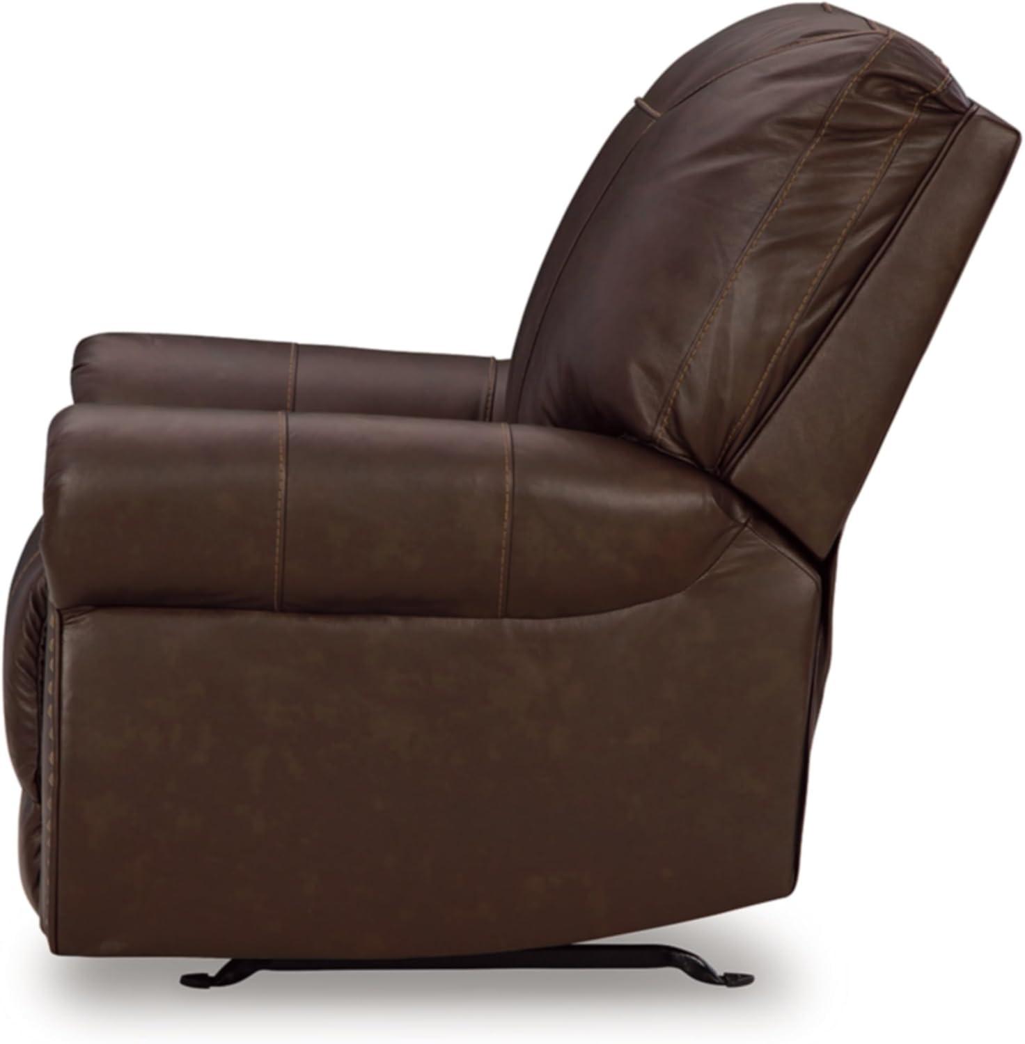 imageSignature Design by Ashley Colleton Classic Leather Match Upholstered Manual Recliner with Nailheads Dark Brown