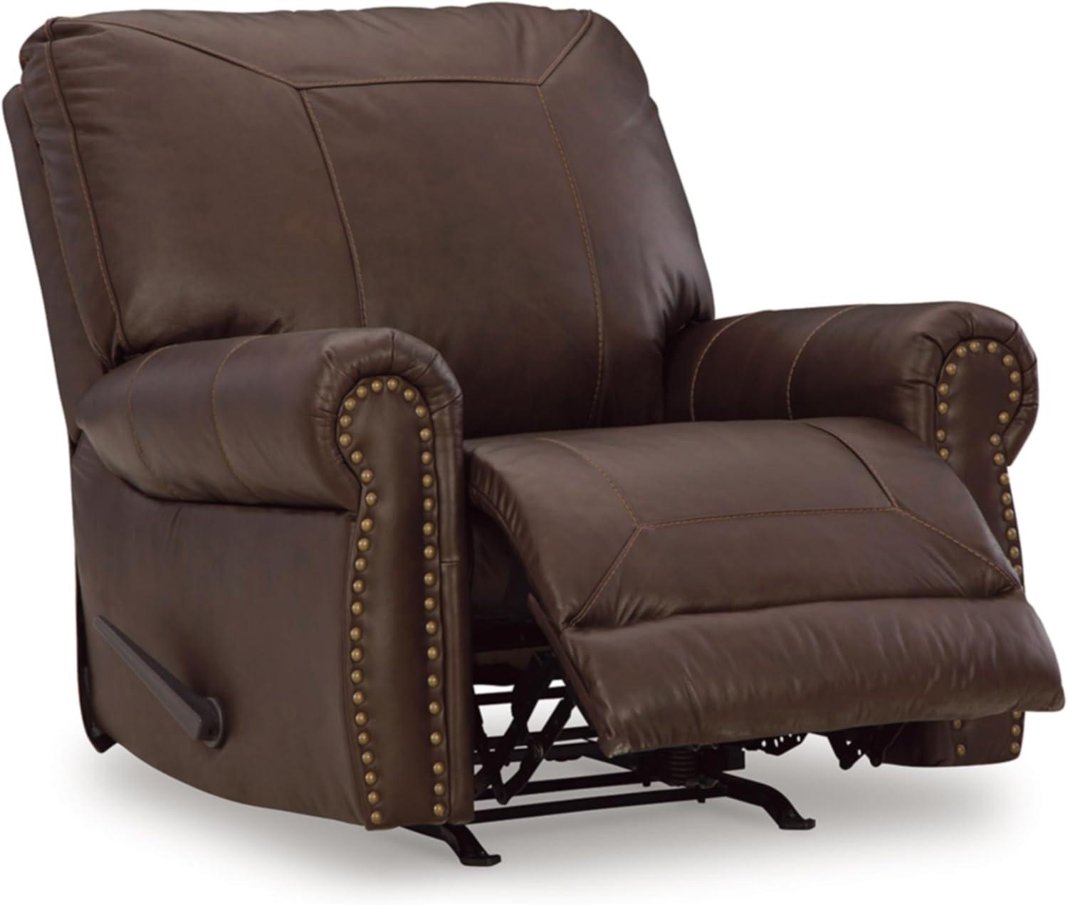 imageSignature Design by Ashley Colleton Classic Leather Match Upholstered Manual Recliner with Nailheads Dark Brown