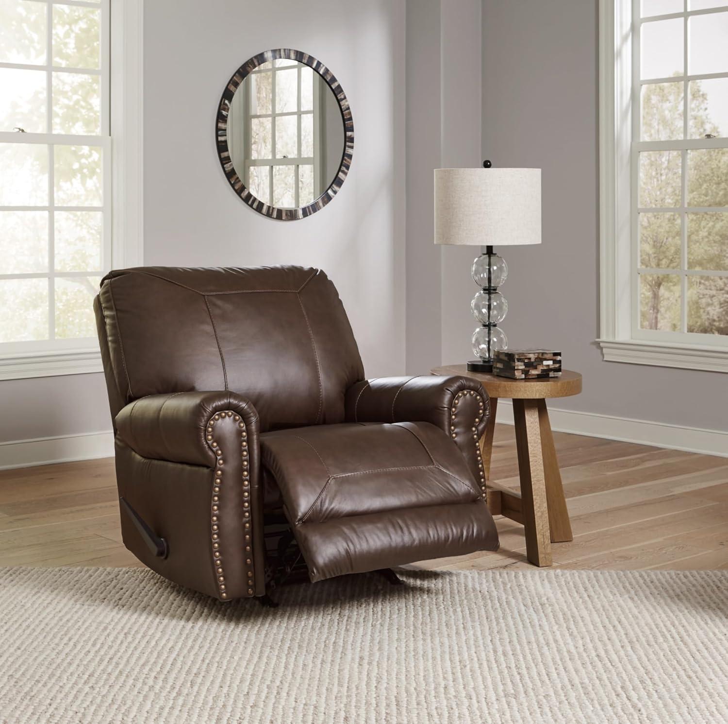 imageSignature Design by Ashley Colleton Classic Leather Match Upholstered Manual Recliner with Nailheads Dark Brown