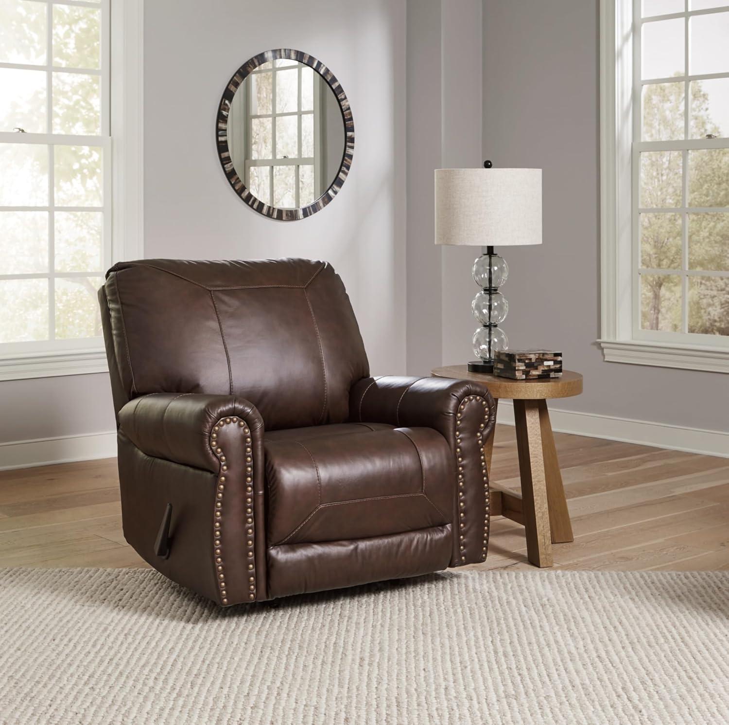 imageSignature Design by Ashley Colleton Classic Leather Match Upholstered Manual Recliner with Nailheads Dark Brown